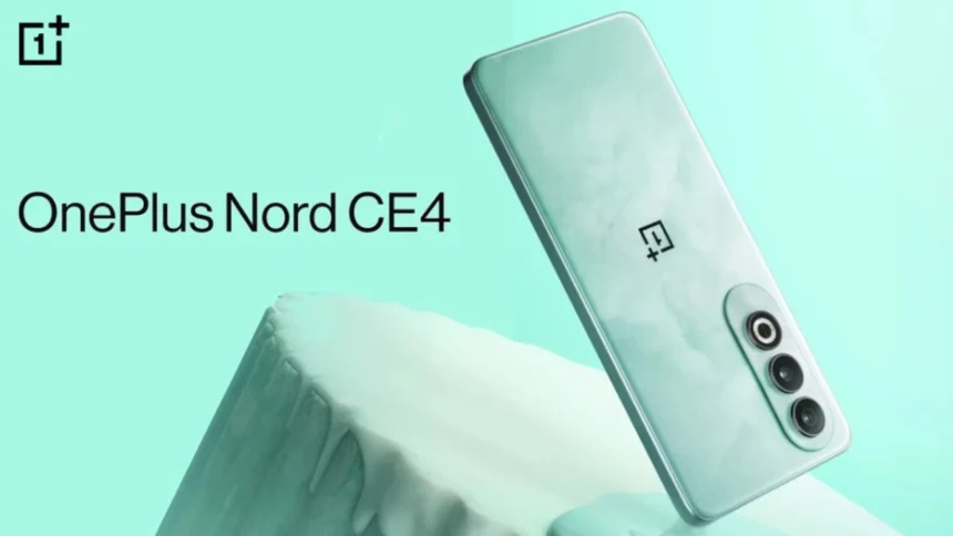 The OnePlus Nord CE 4 smartphone displayed in a beautiful Celadon Marble colorway.